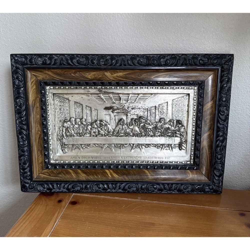 Vtg Made In Spain Aluminum Raised Relief The Last Supper Framed‎ Wall Art 12x18